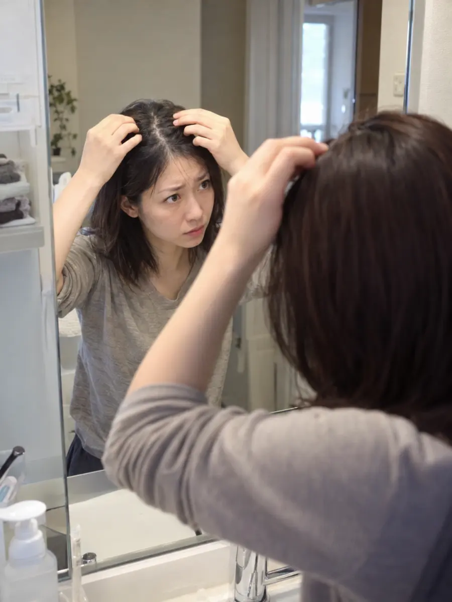 鏡で分け目を確かめる女性