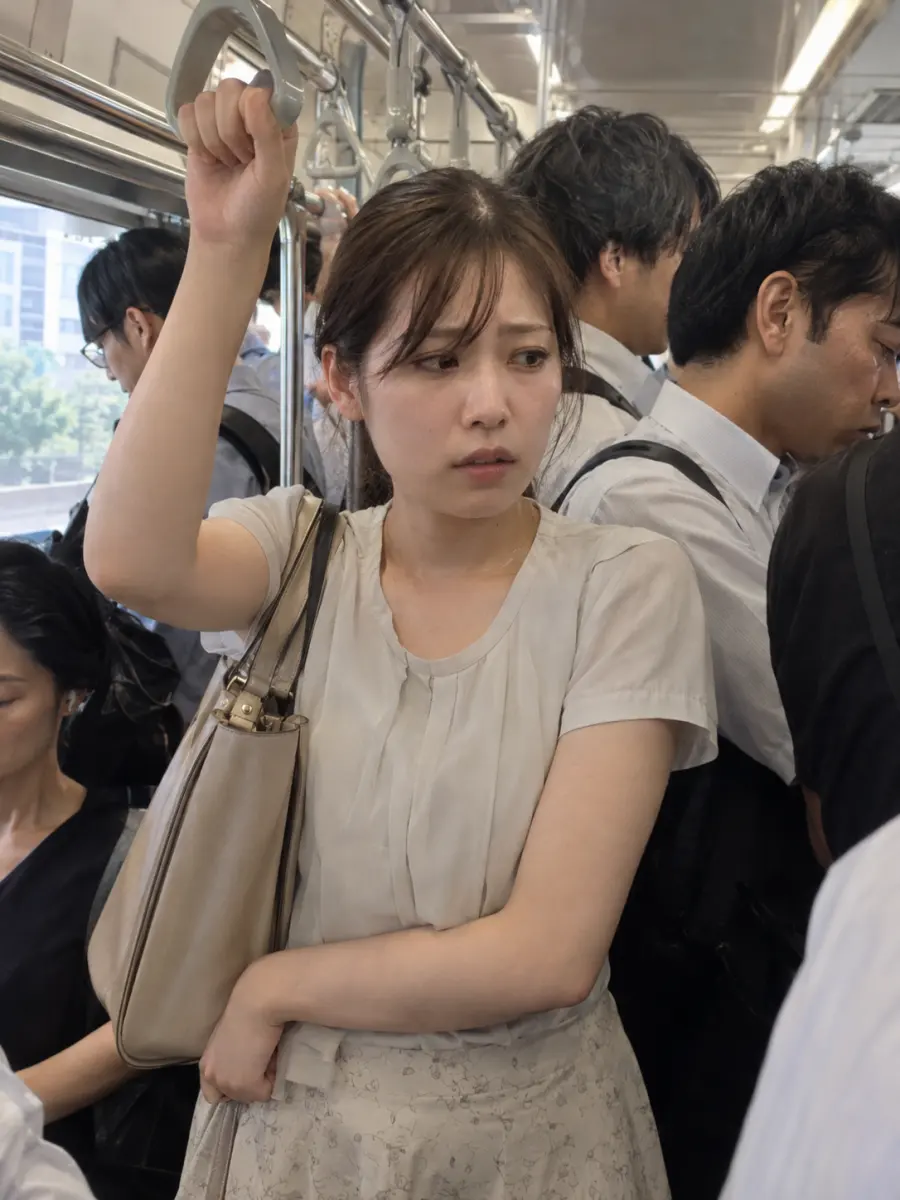 夏の電車で腕を下ろしたままの女性