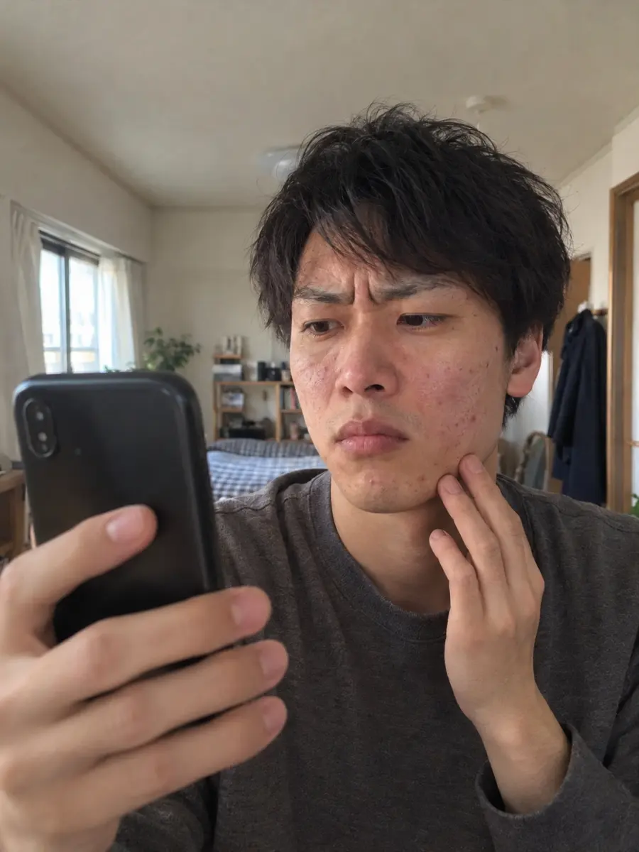 スマホのカメラで肌荒れを見る男性