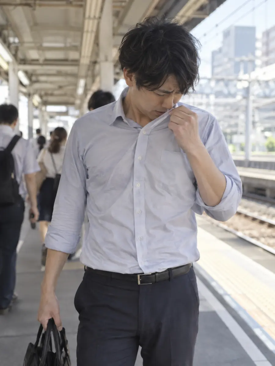 夏のホームでシャツのにおいを確かめる男性