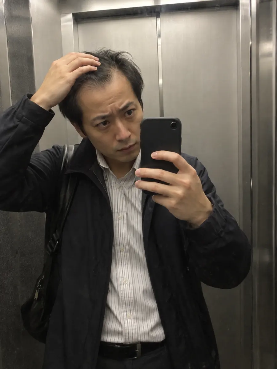 エレベーターの鏡で生え際を気にする男性