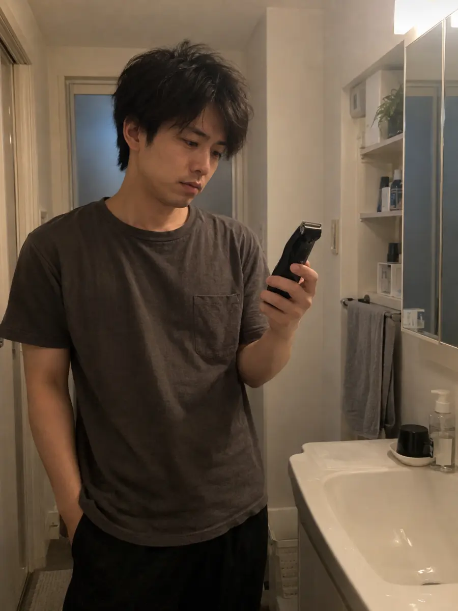 夜の洗面所で慌てて体毛を整える男性の漫画